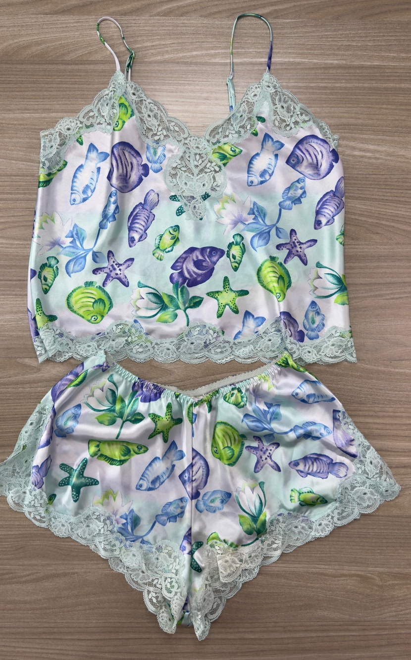 Victoria's Secret Women's Pajama Set Blue Green Aquatic Fish Satin Size M Lace